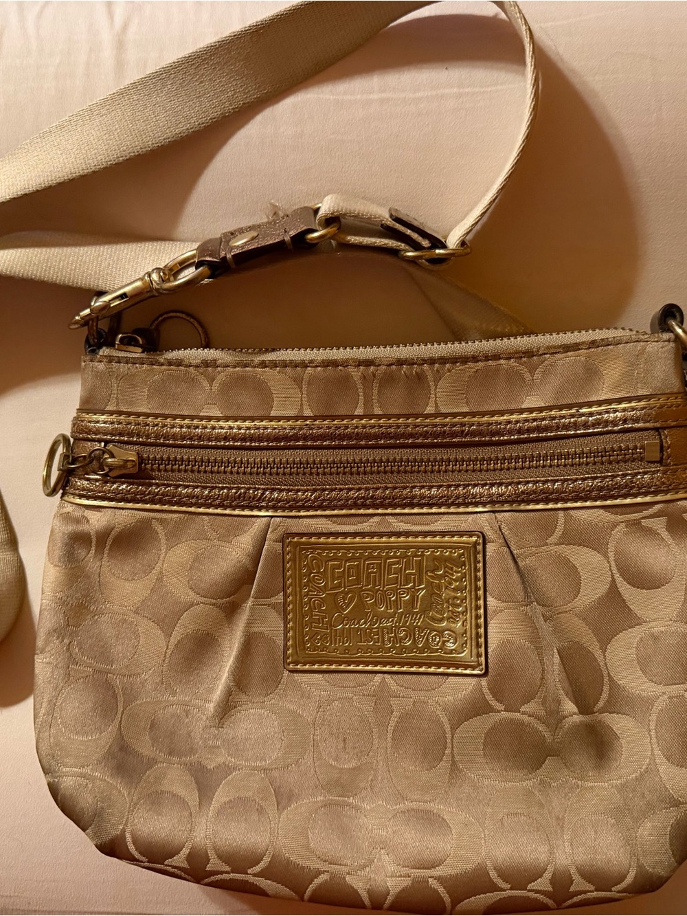 Coach Beige Signature Crossbody Bag with Gold Hardware